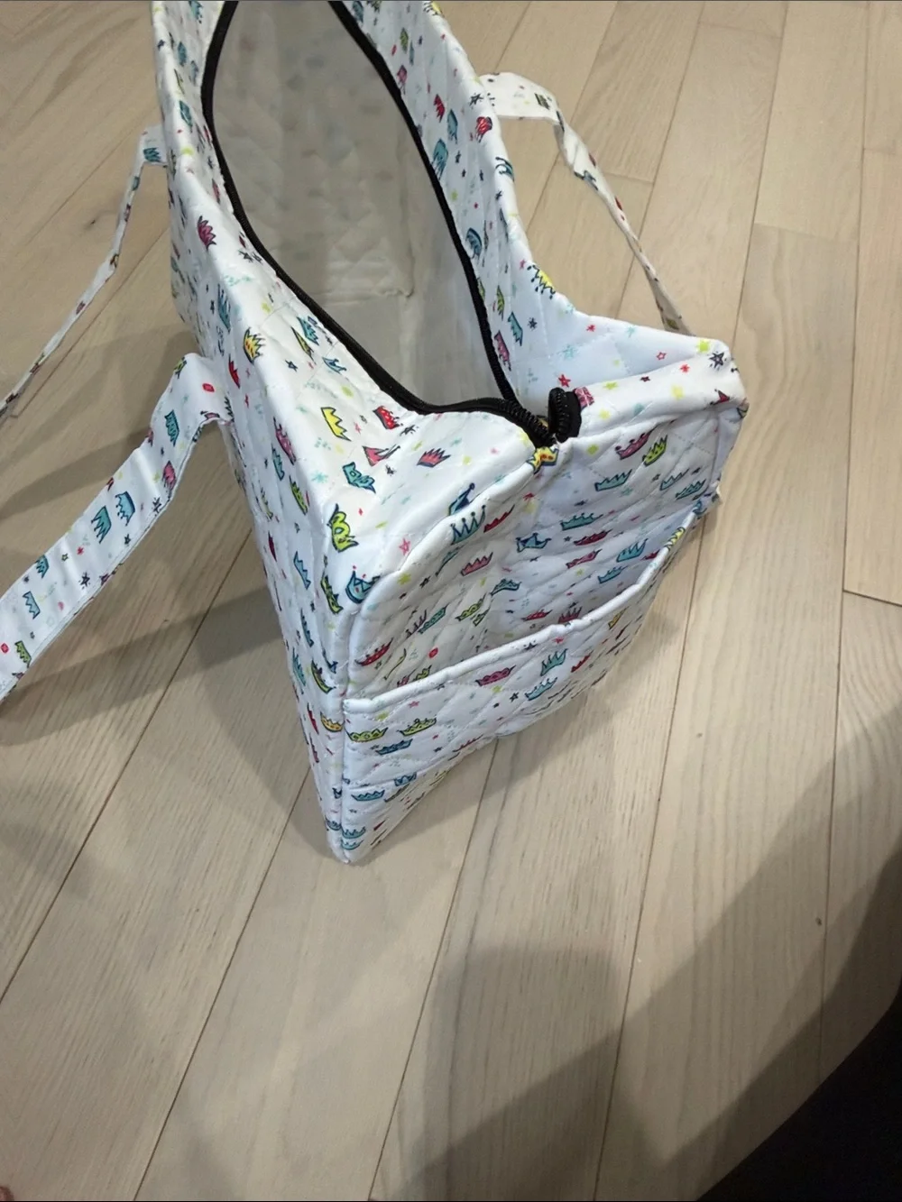 Scout White Diaper Tote with Multicolor Crown Print